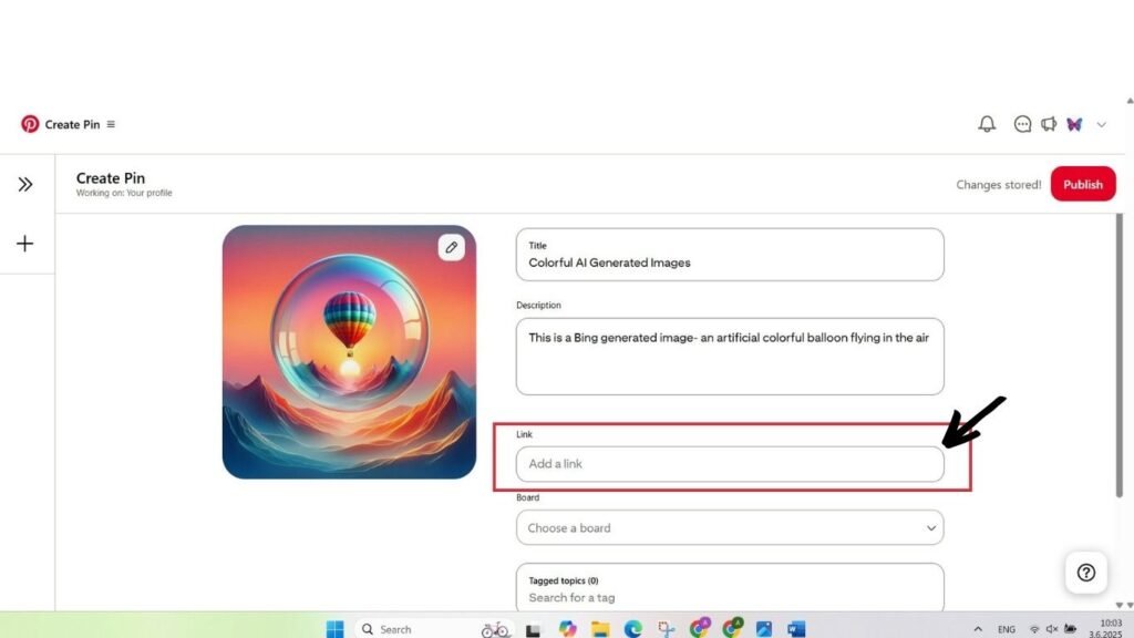 put an URL link in create pin on Pinterest